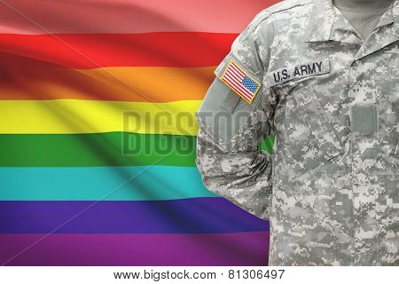 American Soldier With Flag On Background - Lgbt People