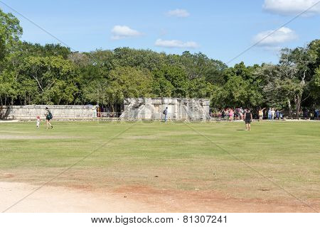 CHICHEN ITZA - JANUARY 19: Tourists visiting Chichen Itza, one of the most visited sites in Mexico on 19 January 2015 in Chichen Itza, Mexico. It is one of new 7 wonders in the world.