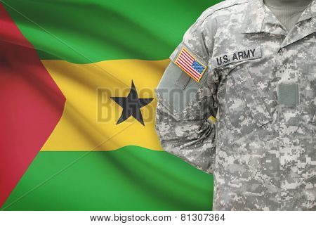 American Soldier With Flag On Background - Democratic Republic Of Sao Tome And Principe