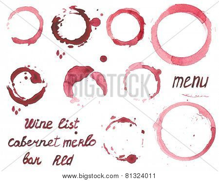 Vector set of watercolor painted wine stains on  white background