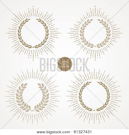Vector set of laurel wreath with sunburst line rays