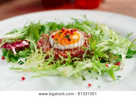 Beef tartare in plate, close-up