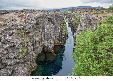 National Park of Thingvellir in Iceland, water and rocks