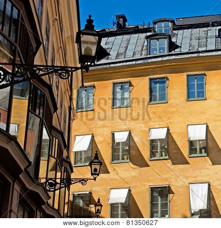 Windows and lanterns of Gamla Stan. Stockholm. Sweden