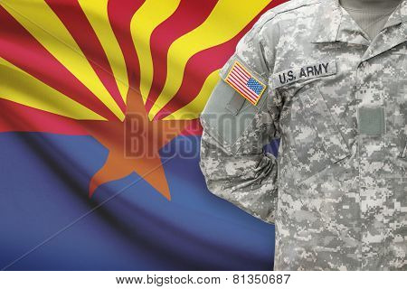 American Soldier With Us State Flag On Background - Arizona