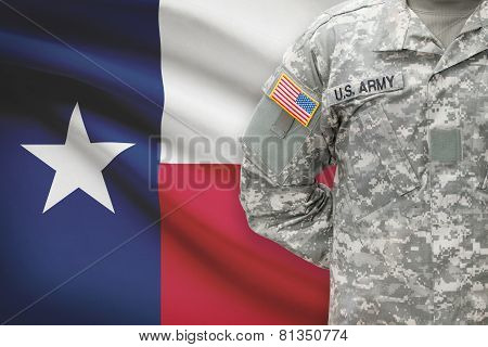 American Soldier With Flag On Background - Texas