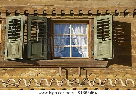 Exterior of the traditional Swiss chalet in Rougemont, Switzerland.