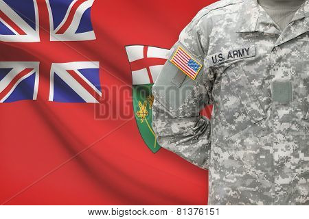 American Soldier With Canadian Province Flag On Background - Ontario