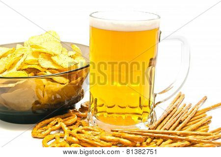 Pretzels, Breadsticks, Chips And Beer Closeup
