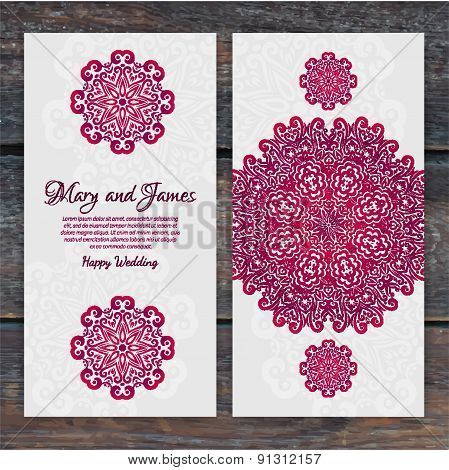 Lacy Vector Wedding Card Template. Romantic Vintage Wedding Invitation. Abstract Circle Floral Ornam