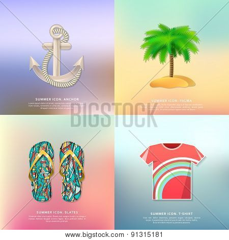 Anchor and rope, palm tree, slippers, t-shirt. Summer icons