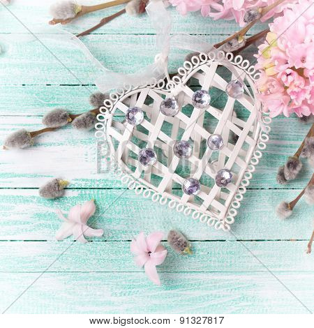 Postcard With Hyacynths, Willow Flowers And Heart