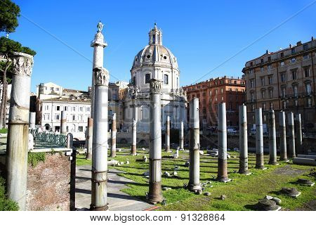 Traian Column And Santa Maria Di Loreto In Rome, Italy