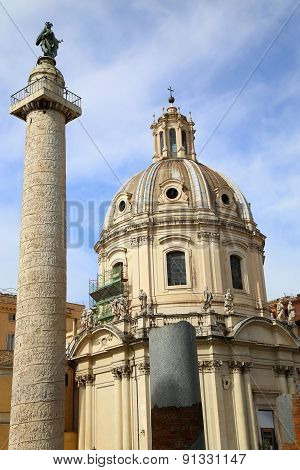 Traian Column And Santa Maria Di Loreto In Rome, Italy