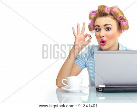 Funny Successful Business Woman With Laptop And Coffee, Close-up Isolated On White