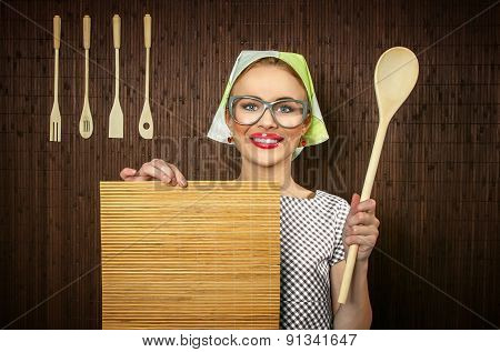 Funny Rural Woman Cook Holding Ladle And Chopping Shim, Close-up