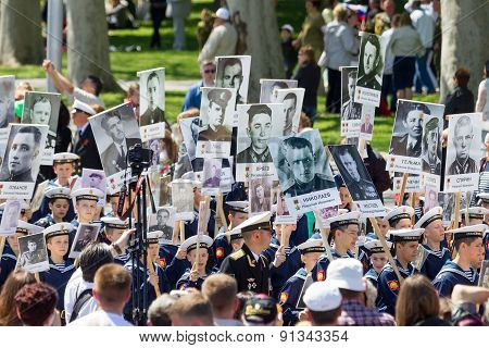 Sevastopol, Crimea - May 9, 2015: The Immortal Regiment Marches. The Parade In Honor Of 70Th Anniver