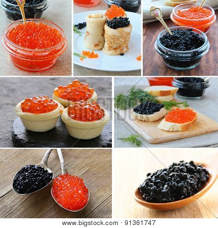 collage of natural red and black caviar (with pancakes and canapes)