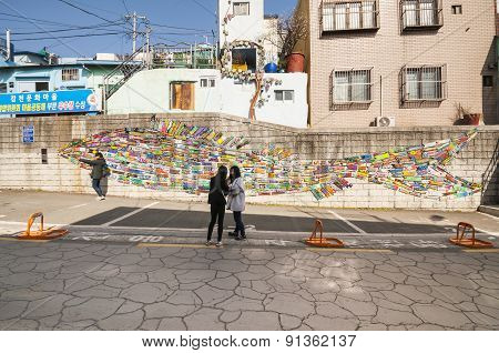 Painted Wooden Fish In Gamcheon Village.