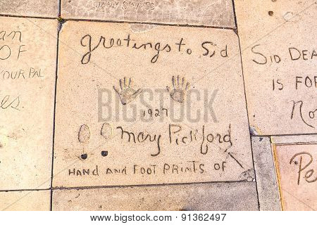 Handprints  Of Mary Pickford In Hollywood Boulevard In The Concrete Of Chinese Theatre's Forecourt
