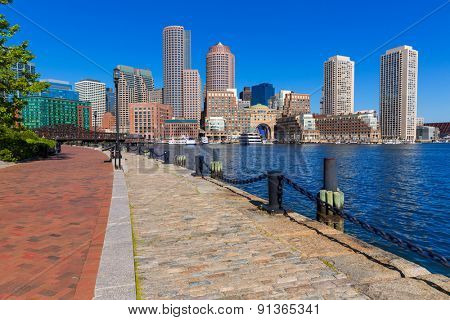 Boston skyline from Fan Pier at sunlight in Massachusetts USA