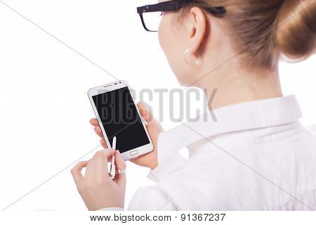 Blonde Business Woman Manager Worker In Glassess Smiles And Use Tablet Phone . Isolated On White