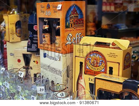 Belgian beer in shop window.