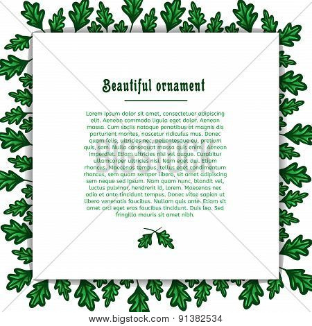 Template greeting card with a frame of green oak leaves. Place for your text. vector