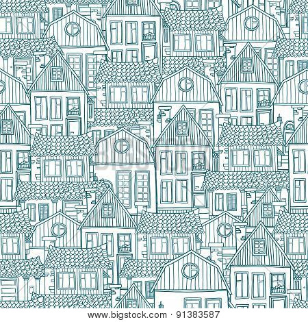 Seamless pattern with of hand-drawn houses. Vector