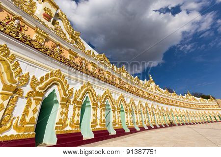 Facade of the U-Min Thonze (thirty caves) pagoda in Sagaing hills, Myanmar (Burma)