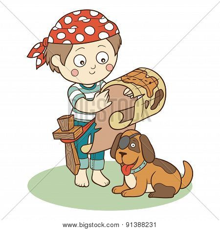 Vector illustration: boy and dog playing pirates