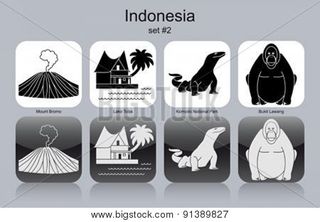 Landmarks of Indonesia. Set of monochrome icons. Editable vector illustration.