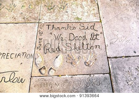Handprints In Hollywood Boulevard In The Concrete Of Chinese Theatre's Forecourt