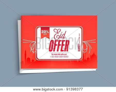 Mosque silhouette decorated red poster or banner of sale with 20% discount offer for Muslim community festival, Eid celebration.