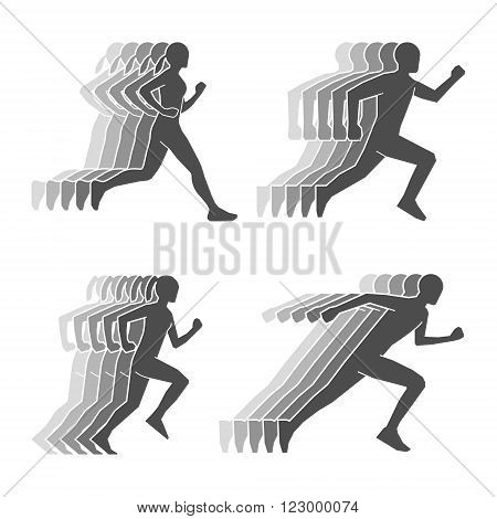 Black silhouettes of runners and trail. Symbol for running club. Vector running icon. Modern silhouettes of running boy and girl.