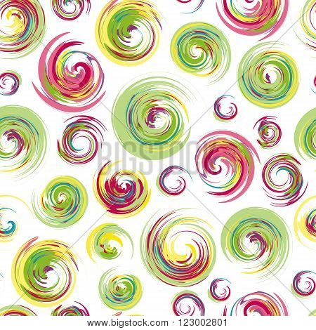Dry brush hand drawn sketch artsy background seamless pattern in pastel colours messy grunge brush strokes circles and swirls on white background.