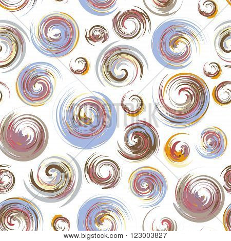 Dry brush hand drawn sketch artsy background seamless pattern in pastel colours messy grunge brush strokes circles and swirls on white background.