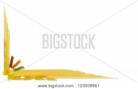 Uncooked dried long pasta colored spiral pasta penne and farfalle laid out on left and bottom as a part of a frame with empty center part on a light background