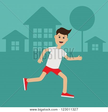 Cartoon running guy Night summer time. House tree silhouette. Cute run boy Jogging man Runner outside Fitness cardio workout Running male character Flat design Vector illustration