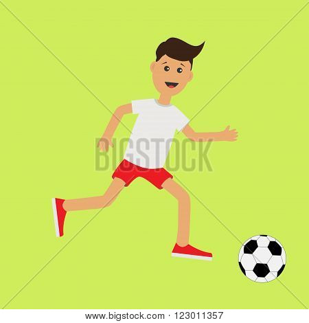 Funny cartoon running guy with soccer ball. Football player. Cute run boy Jogging man Runner Fitness workout running male character Green background. Flat design Vector illustration