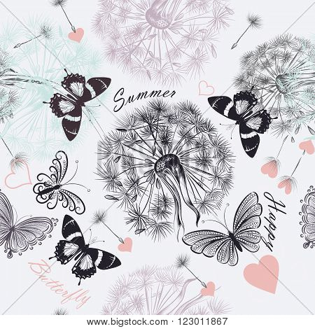 Beautiful seamless floral background with dandelions and butterflies in pastel colors