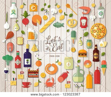 Flat design style modern vector illustration icons set on wood texture. Tasty food meals drinks confection vegetables and fruits.