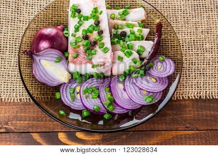 Fresh Pork Fat, With Red Hot Chili Peppers, Green And Purple Onions And  Peas Allspice Beautifully L