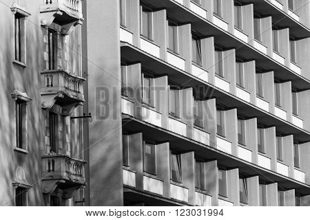 Milan (Lombardy Italy) facade of residential and office buildings. Black and white