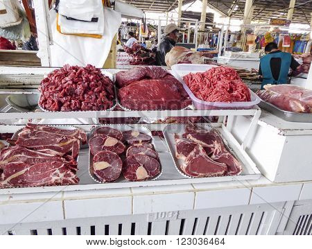 Local People Sell Meat And Vegetables At The Indoor Market In Cuzco