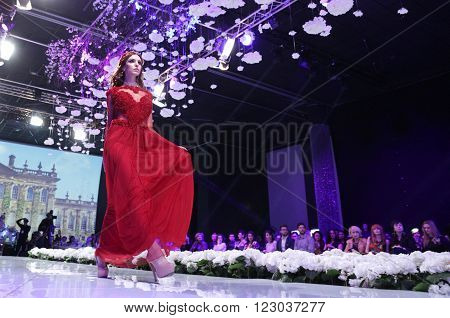 Sofia Bulgaria - March 23 2016: A model walks the runway at Sofia Fashion Week runway show. The fashion show is held for a second time in Bulgaria's capital.