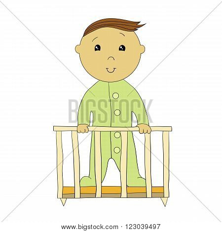 Vector illustration: a little boy standing in the playpen