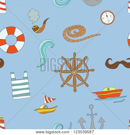 Vector seamless pattern with sea elements and captain items