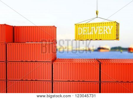 industrial port with containers Loading container against the backdrop of the sea port, 3D rendering