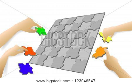 Hands holding green, red, yellow and orange puzzle tiles
